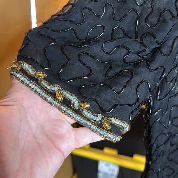 Laurence Kazar Black 100% Silk Blouse Silver Gold Sequin Beaded Size XS - Picture 2 of 9